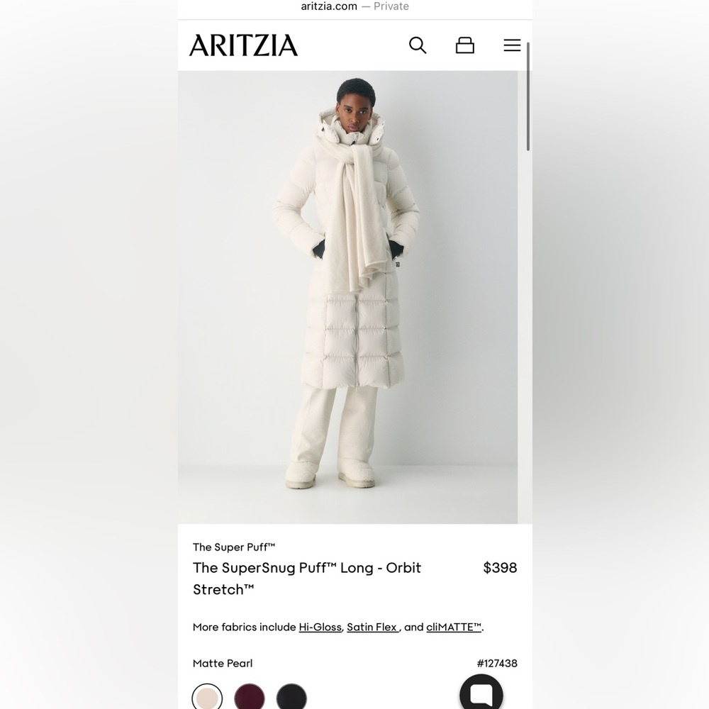 BNWT Aritzia SuperSnug Puff Long Coat in Matte Pearl